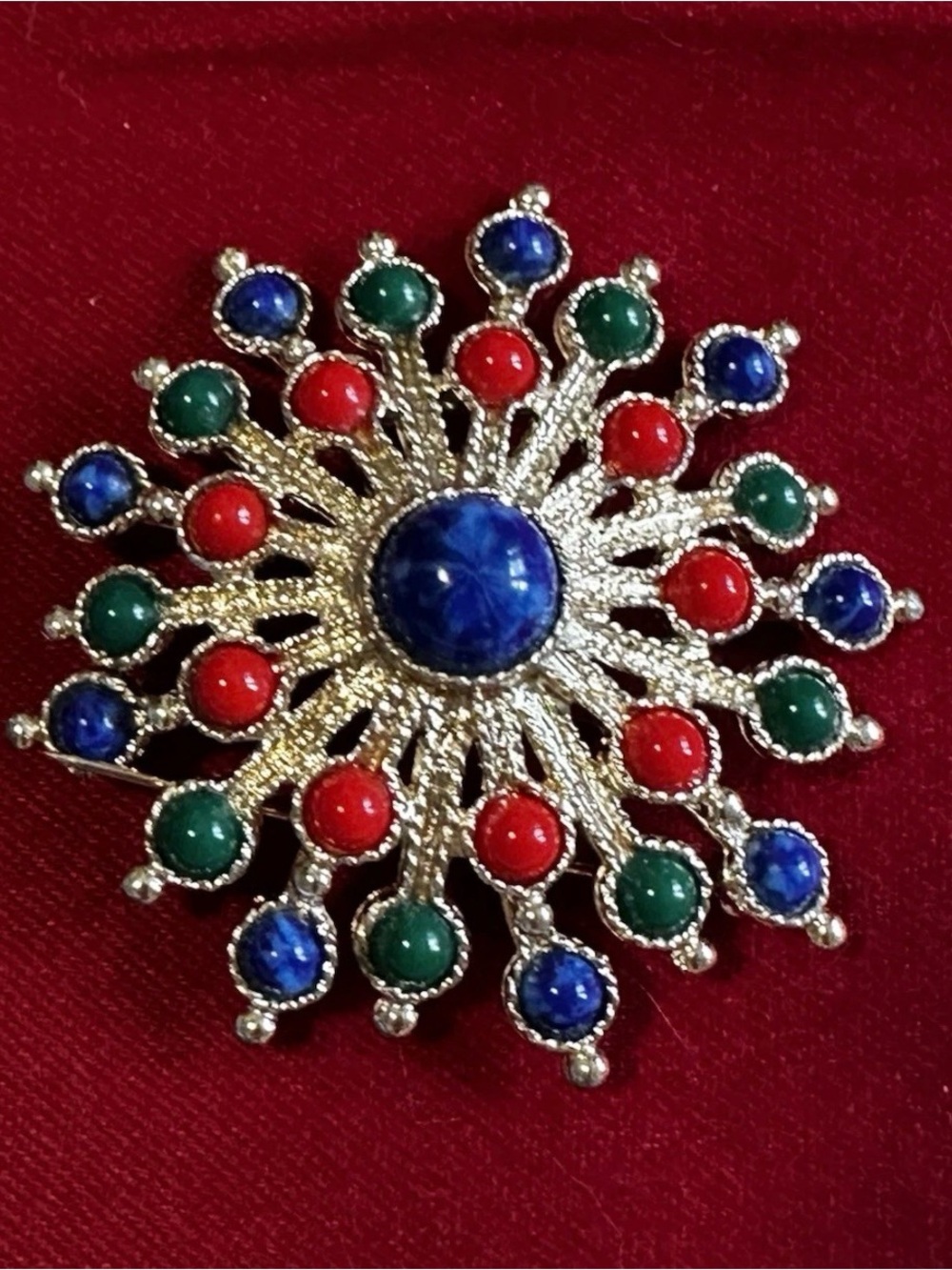 Sarah Coventry Vintage 70s Signed Gold Tone Multicolor Carnival Starburst Brooch